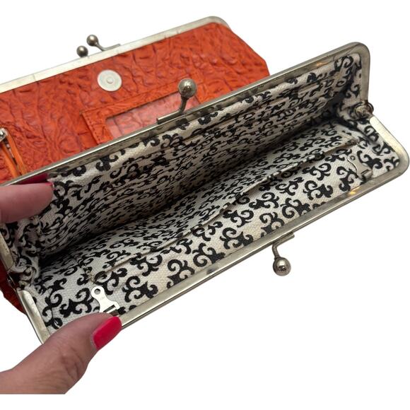 Vintage Kiss Lock Clutch Wallet Faux Leather Crock Embossed Orange - Picture 8 of 8